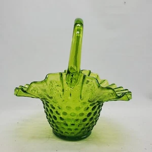 Kanawha Art Glass Hobnail Basket Green Satin Slag Ruffled Rim - Picture 1 of 10