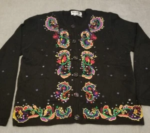 Vtg Jack B Quick Black Cardigan Sweater Embroidered Beaded Multi-Color Sz L - Picture 1 of 15