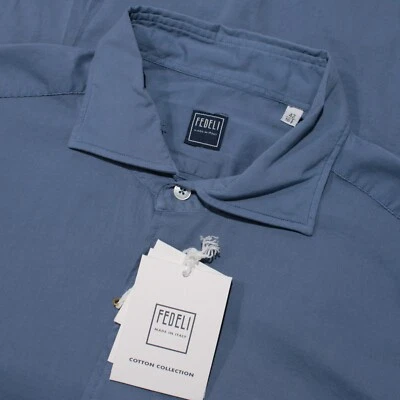 Camisa de vestir Fedeli nueva con etiquetas Sean Panamino polvorienta talla 42 16,5 en azul liso Foto 1 de 4