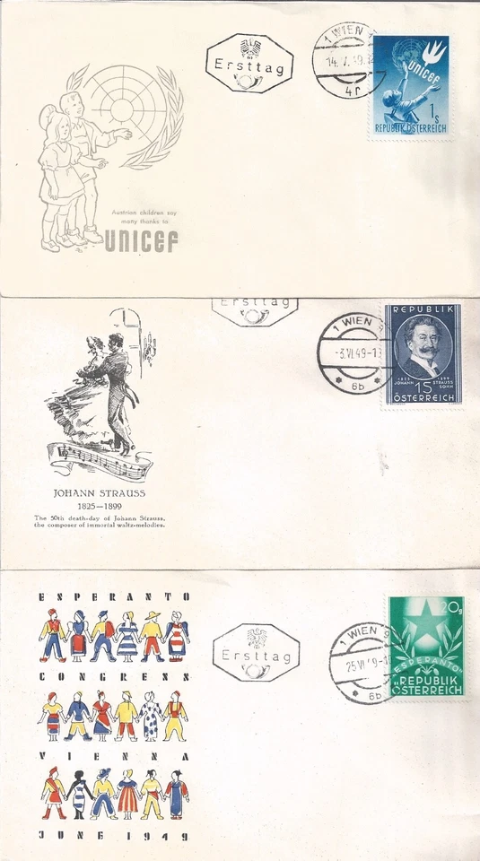 Austria 1949 Lot 3X FDC Strauss Music Unicef Pigeon Esperanto - Image 1 of 1