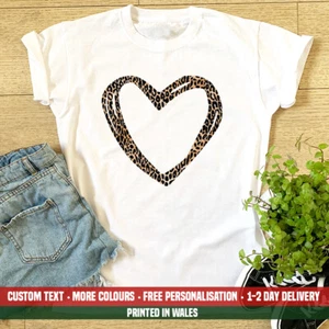 Ladies Big Heart Scribble Leopard Print T Shirt Cute Party Birthday Gift Top - Picture 1 of 1