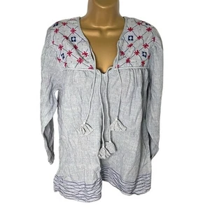 Umber & Ochre Boho Handwoven Gauge Peasant Top Blue White Small - Picture 1 of 4