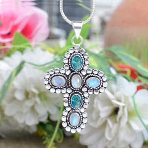 Labradorite Blue Topaz Gemstone Cross 925 Sterling Silver Faith Based Pendant - Picture 1 of 9