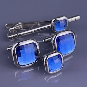 Gemelos Cuadrados Corte Azul Estrás Clip de Corbata Pin Tono Plateado Formal De Colección - Imagen 1 de 8