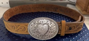 M88- Justin Boots HOPE HEART Buckle and Top Grain Leather Belt 26” Made In USA - Picture 1 of 5