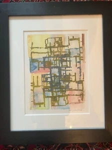 ABSTRACT WATERCOLOR SIGNED ILLEGIBLE ARTIST UNKNOWN FRAMED - Picture 1 of 3
