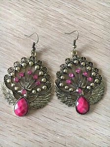 Peacock Earrings Unique Pink Bronze Drop Women Earrings Feather Rhinestone - Picture 1 of 4