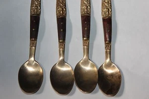 4 Vintage Brass Spoons w/ Ornate Engraving And Wood Handle - Picture 1 of 9