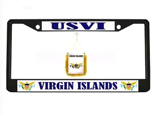 USVI VIRGIN ISLANDS Chrome Metal Auto License Plate Frame with car banner flag - Foto 1 di 9