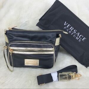 Versace Crossbody Bag Purse Pouch Organizer Saddle Bag Gold Black Designer NEW