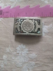 MEXIKO ALPAKA AZTEKEN KALENDER SILBER PERLMUTT GÜRTELSCHNALLE - Bild 1 von 3
