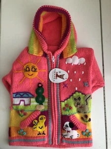 Kids Alpaca Hooded Zip Up Sweater Hand Embroidered New w/Tag Size 2 Made in Peru - Picture 1 of 5