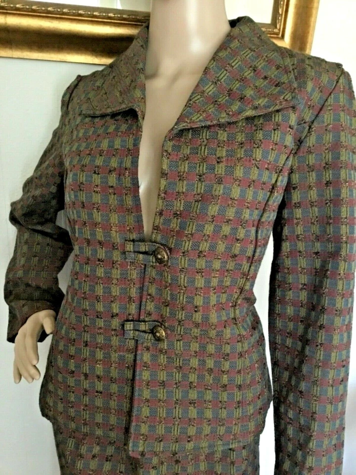 60’s Vintage Green Maroon Gingham Jacket Rockabilly Midi Skirt Suit - Image 1 of 4