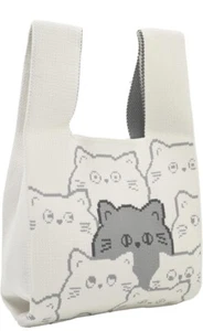 New Tote Bag Heavy Knit Adorable Black Cat Print, Wristlet Gift Bag Purse Cute - Picture 1 of 11