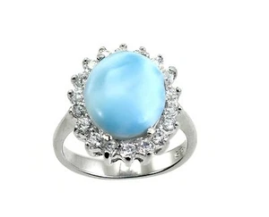Larimar Ring, Natural10X12 Oval Shape White Sapphire Accent .925 Sterling Silver - Picture 1 of 6