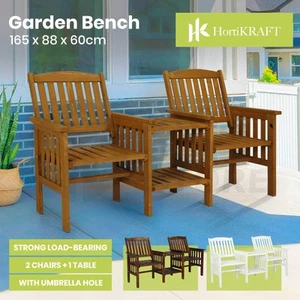 HortiKRAFT Wooden Garden Bench Outdoor Twin Loveseat 2-Seater Table Furniture - Picture 1 of 32