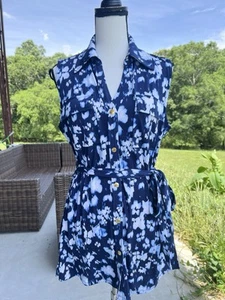 sleeveless Michael Kors blouse with a blue and white floral print. - Picture 1 of 8