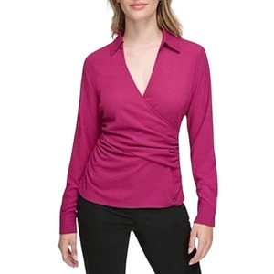 Calvin Klein Mulberry Pink Textured Long Sleeve Faux Wrap Blouse Top Small NWT - Picture 1 of 14