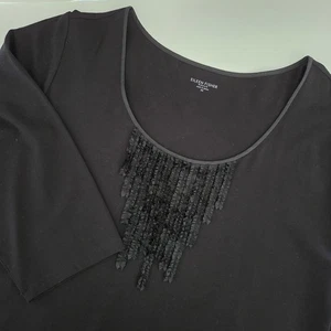 Top tunica Eileen Fisher nero 3X taglie forti manica quarto scollo frange - Foto 1 di 6