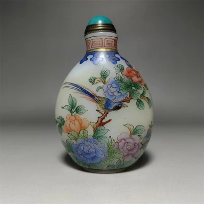 Chinese Antique Glass Sunff Bottle with Flowers & Birds    - Image 1 of 4