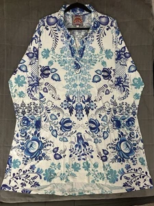 JOHNNY WAS FARROW Polo Swing Kleid Bambus blau weiß Blumen BOHO ~XL - Bild 1 von 9