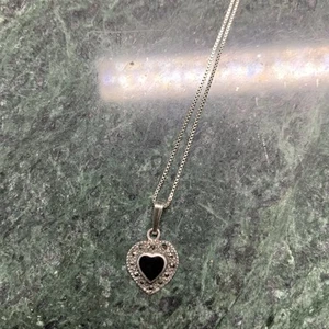 Onyx And Marcasite Heart Pendant Necklace Sterling Silver 925 SU 18.5” - Picture 1 of 9