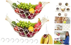 2PCS Macrame Hanging Fruit Basket with Banana Hangers and 8 Hooks - Picture 1 of 7