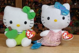 Ty Beanie Babies Hello Kitty 6" Sanrio Plush Lot of 2 Mermaid Pink Green Apple - Picture 1 of 14