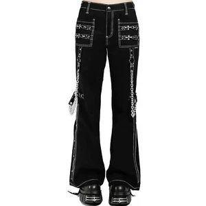 Puritues Gothic Ladies Fashion Night White Stitching Streetwear Pants - Picture 1 of 4