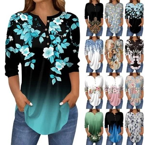 3/4 Length Sleeve Womens Tops Summer T-Shirts Floral Print V Neck Casual Basic - Picture 1 of 51
