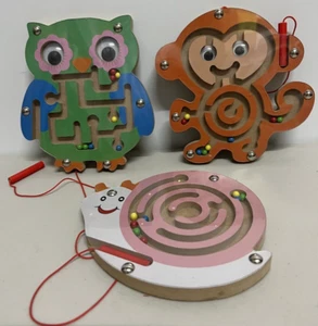 3 Wooden Maze Games Toys Animals Shape Magnetic Brain Teaser Snail Owl Monkey 6" - Picture 1 of 17
