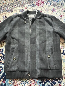 Original Penguin Mens Bomber Jacket M Black / Grey Stripe Wool - Picture 1 of 4