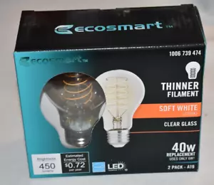 2 pk EcoSmart 40W 450 LED Clear SOFT White 2700K A19 Dimmable Light Bulbs - Picture 1 of 9