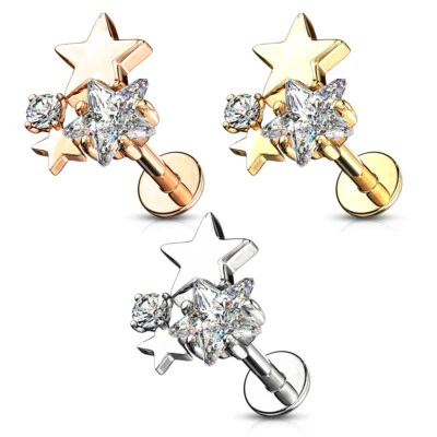 Tragus Piercing Helix Labret Ohrstecker Stern Star Zirkonia silber rose gold - Bild 1 von 4