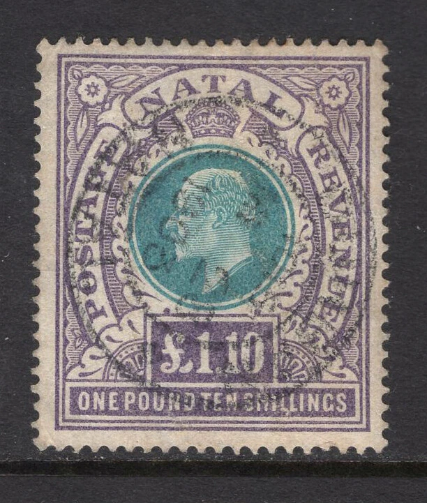 M25878 Natal 1902 SG143 KEVII: £1 10/- green & violet FU, Cat £180 Foto 1 de 1