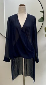 Wayne Cooper Long Sleeve Sheer Cross Over Long Tail Navy Blue Blouse Top - Picture 1 of 7
