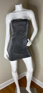 Bebe Trägerloses Silber Glitzer Minikleid Gr. S Bodycon Glitzer Party Club Y2K - Bild 1 von 4