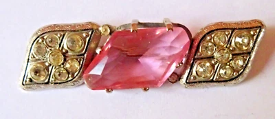Broche ancienne en métal argenté, petits brillants et pierre rose - Photo 1/2