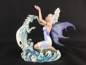 Grande Statuette figurine fée dragon bleu vague d'eau Heroic Fantasy H 28 cm - Photo 1/16