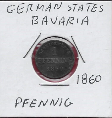 GERMAN STATES BAVARIA 1 PFENNIG 1860 MAXIMILIAN II,CROWNED ARMS WITHIN WREATH,Sc - Image 1 of 2