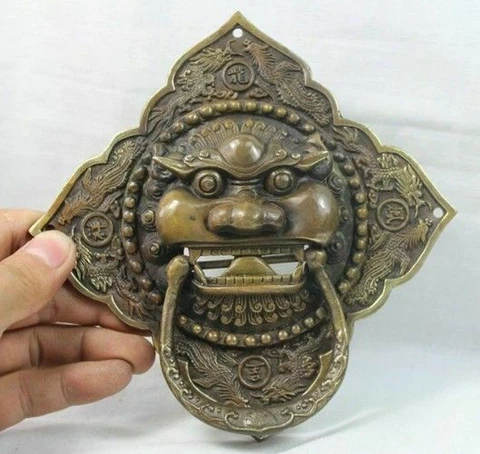6" China Chinese Folk Home Copper Fu Foo Dog Lion Head Door knocker Statue Cover