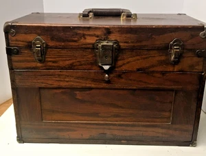 ANTIQUE VINTAGE OAK WOOD TOOL MACHINIST ART BOX LOCK W/KEY 7 DRAWERS EAGLELOCK C - Picture 1 of 9