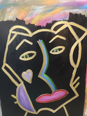 Figura Surrealismo Colores Brillantes Dorado Sobre Lienzo 18”x24” Lienzo Original Firmado Foto 1 de 4