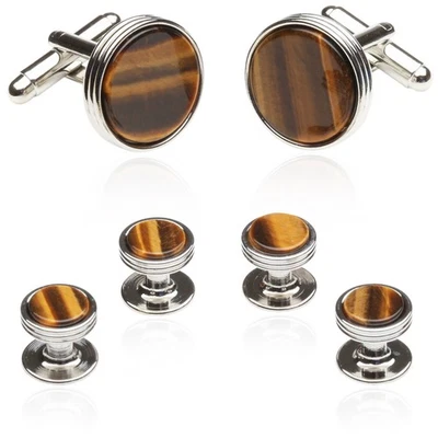 Tigers Eye Tuxedo Shirt Cufflinks Studs Formal Set for Men with Travel Presen... - Image 1 of 4