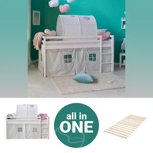 Hochbett 90x200 Kinder Bett Lattenrost Stockbett Weiß Tunnel Vorhang Homestyle4u - Bild 1 von 10