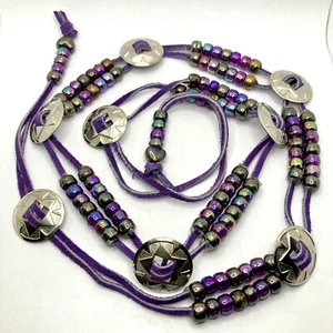 Vtg FOLK ART Hand Made Beaded Concho Stars Purple Boho Leather Belt ADJUSTABLE - Picture 1 of 5