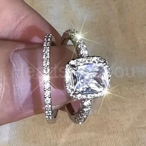 1ct Radiant Cut Simulated Diamond Bridal Set Halo Ring Band 9K White Gold Plated - Picture 1 of 9