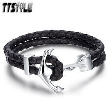 TTstyle Genuine Leather S.Steel Anchors Buckle Bracelet Wristband NEW