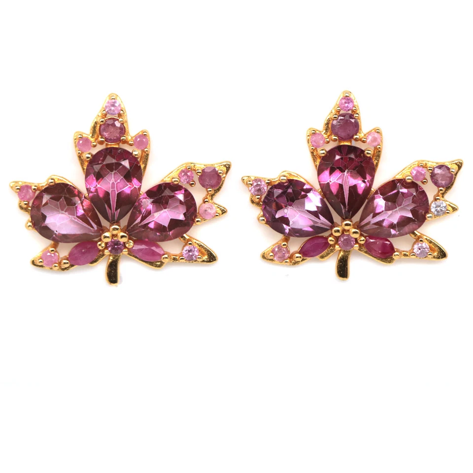 Plata de ley 925 6 x 8 mm. Pendientes de topacio místico rosa, rubí y zafiro Foto 1 de 4