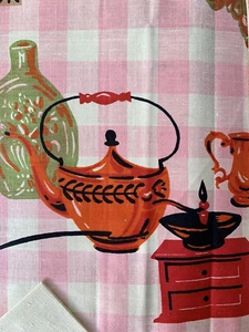 NEW Vtg Mid Century LINEN HANDPRINT Tablecloth Set PINK Checked Kitchen Motif - Picture 1 of 13
